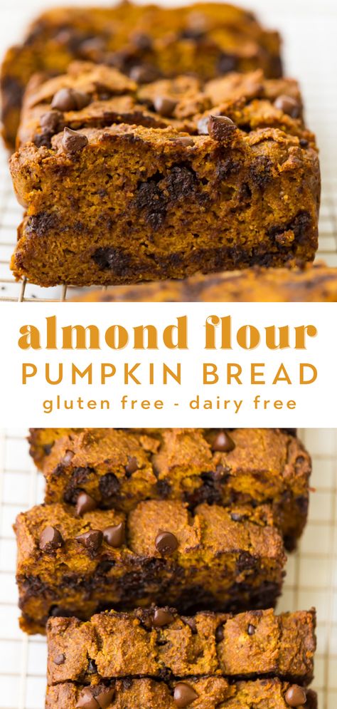 This Paleo Pumpkin Bread is incredibly moist with a chocolate chip surprise in each bite. Made with almond flour, pumpkin purée, and delicious fall spices, it's hard to eat just one slice! It's easy to make and gluten-free & dairy free too! Almond Flour Pumpkin, Smart Sweets, Aip Recipe, Paleo Pumpkin Bread, Healthy Pumpkin Bread, Gluten Free Pumpkin Bread, Dairy Free Pumpkin, Chocolate Chip Bread, Baking With Almond Flour