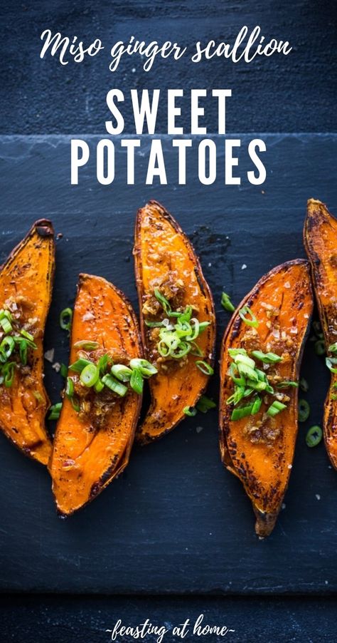 Kyoto-Style, Roasted Sweet Potatoes with Miso, Ginger and Scallions - an delicious vegan side that is easy to make and full of amazing flavor! #sweetpotatoes #yams #misoyams #misosweetpotoates #vegan #veganside #plantbased #cleaneating Vegan Sweet Potato Recipes, Roasted Yams, Sweet Potato Recipes Roasted, Ginger Miso, Baked Sweet Potatoes, Miso Butter, Japanese Sweet Potato, Sweet Potato Slices, Cooking Challenge