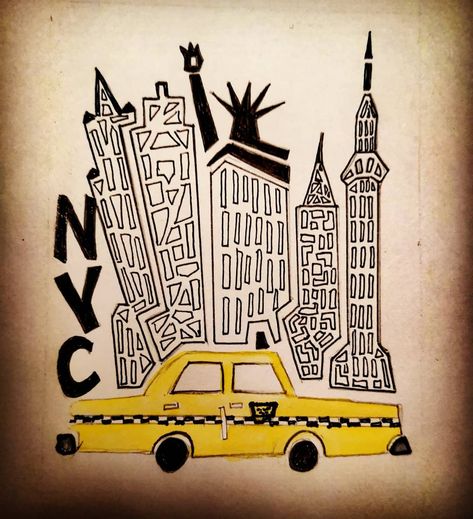 Inktober word 7 NewYork #inktober #art #paint #drawings #NYC #cab #New York Word Murals Wall Art, Nyc Taxi Drawing, New York City Artwork, New York Aesthetic Decor, New York Painting Aesthetic, New York Artwork, Nyc Drawing Simple, New York Sketch Easy, New York Aesthetic Drawing