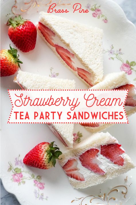 These Strawberry Cream Sandwiches are a delicious treat and a must-have snack for your spring Tea Party, Bridal Shower, or Mother’s Day Brunch. Loaded with thick sweet creamy filling and fresh strawberries you can’t go wrong with these delightful sandwiches. Strawberry Tea Sandwiches Recipe, Diy Tea Sandwiches, Asian Tea Party Food, Easy Tea Party Food Finger Sandwiches, Mother’s Day Snack, Tea Party Baked Goods, Tea Party Must Haves, Yea Party Snacks, Tea Sandwiches For Kids