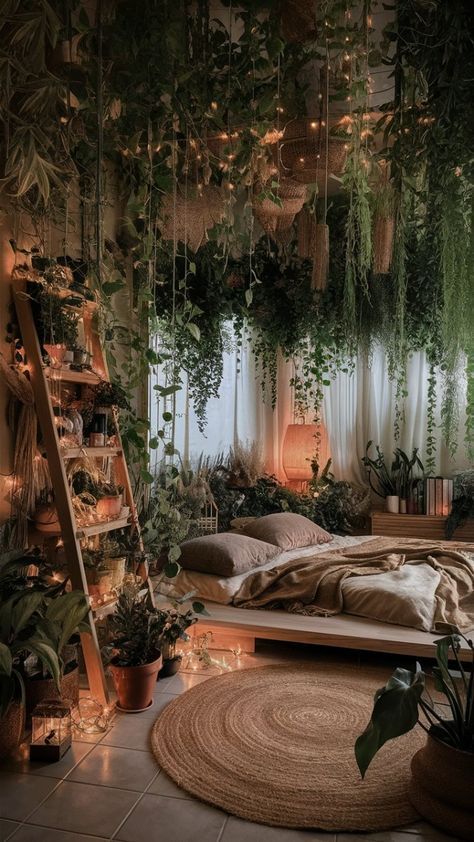 Indoor Plant Vines Hanging, Peaceful Aesthetic Home Decor, Plants In Bedrooms Ideas, Decorating Slanted Ceiling, Cute Room Ideas Plants, Indoor Plant Ceiling, Plant Canopy Bedroom, Swamp Aesthetic Room, Fake Indoor Plants Decor