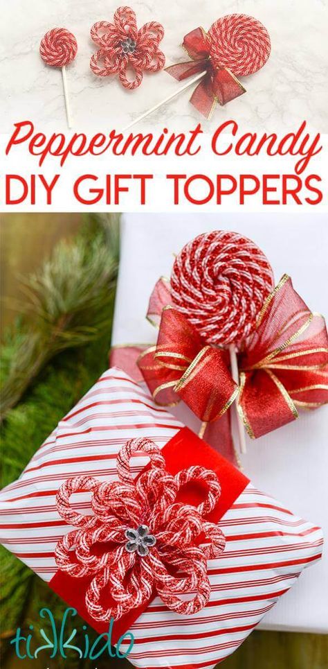 Peppermint Ribbon Candy Gift Toppers Peppermint Candy Crafts Easy Diy, Mesh Tube Crafts Christmas, Mesh Tubing Crafts Diy, Mesh Tube Ideas, Mesh Tube Crafts, Mesh Tubing Crafts, Diy Peppermint Candy Decorations, Diy Gift Toppers, Peppermint Candy Crafts