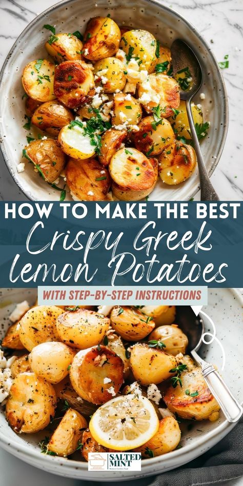 These authentic Crispy Greek Roast Potatoes with Lemon and Feta are the perfect Greek recipe! Roasted to perfection with garlic and a zesty lemony twist, these BBQ side dish gems are picnic and potluck favorites. Mediterranean Roasted Potato & Tzatziki Bowl, Mediterranean Red Potatoes, Taziki Potatoes, Crispy Lemon Feta Roasted Potatoes, Potluck Dishes Potato, Best Greek Recipes Dinners, Lemon Greek Potato Salad, Greek Mini Potatoes, Greek Potatoes Easy