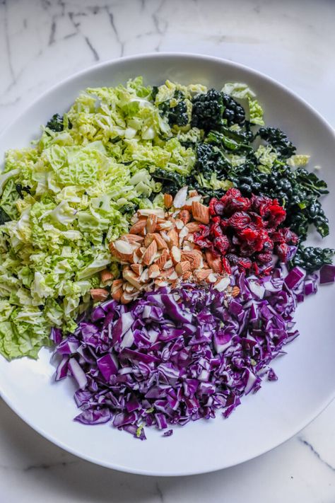 Fall Cabbage Crunch Salad with Maple Dijon Vinaigrette | Elizabeth Rider Cabbage Crunch Salad, Maple Dijon Dressing, Kale And Cabbage, Endive Salad, Red Cabbage Salad, Crunch Salad, Dijon Dressing, Cabbage Salad Recipes, Creamy Salad Dressing