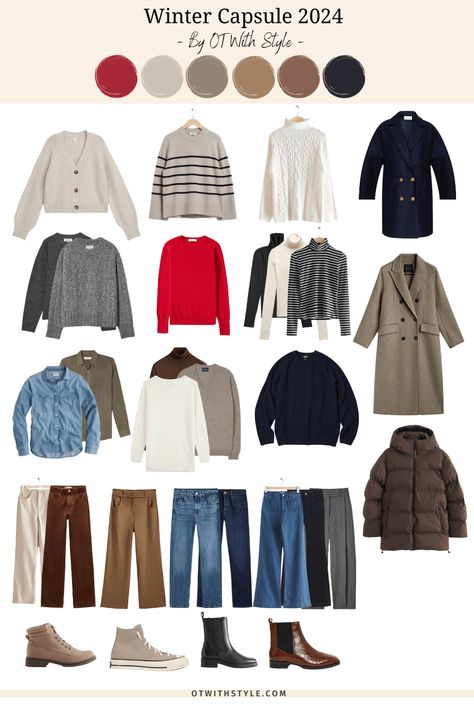 Winter 2023/24 Capsule Wardrobe - OT With Style Classic Style Outfits Winter, Femenine Outfits Style Winter, New England Winter Outfit, Winter Basics Wardrobe, Winter Palette Outfits, Capsule Wardrobe Color Palette, Capsule Wardrobe For Winter, Seasonal Capsule Wardrobe, Winter Travel Wardrobe