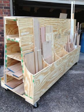 Easy to build Lumber Cart / Rack (Inspiration) Lumber Cart, Lumber Storage Rack, Wood Cart, Cabinet Woodworking Plans, Lumber Rack, Wood Storage Rack, Lumber Storage, Workbench Plans, Shop Layout