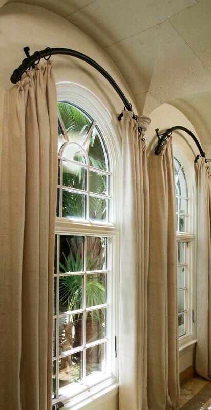 Curved Window Treatments, Arched Window Coverings, Curtains For Arched Windows, Bathroom Window Coverings, Curved Curtain Rods, Arched Window Treatments, Painted Curtains, Window In Shower, Window Curtain Rods