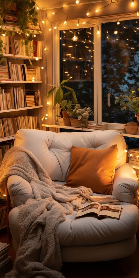 Cozy Home Library, تصميم داخلي فاخر, Cozy Reading Corners, Home Library Design, Cozy Room Decor, Cozy Reading Nook, Apartment Inspiration, Cozy Room, Dream House Decor