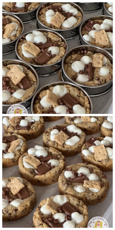 Campfire S'mores Deep Dish Cookies - Hugs and Cookies XOXO Moose On The Loose Cookies, Individual Cookie Cakes, Halloween Drop Cookies, Best Selling Cookies, Gourmet Stuffed Cookies Recipes, Smore Cookies Recipe, Deep Dish Cookies, Dessert Box Ideas, Cookie Display Ideas