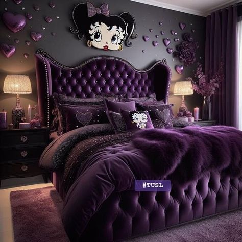 Purple And Black Room, Romantic Purple Bedroom, Dark Purple Bedroom Ideas, Purple And Black Bedroom, Black And Purple Bedroom, Lace Bedroom, Gothic Interior Design, Black And Grey Bedroom, Baddie Bedroom