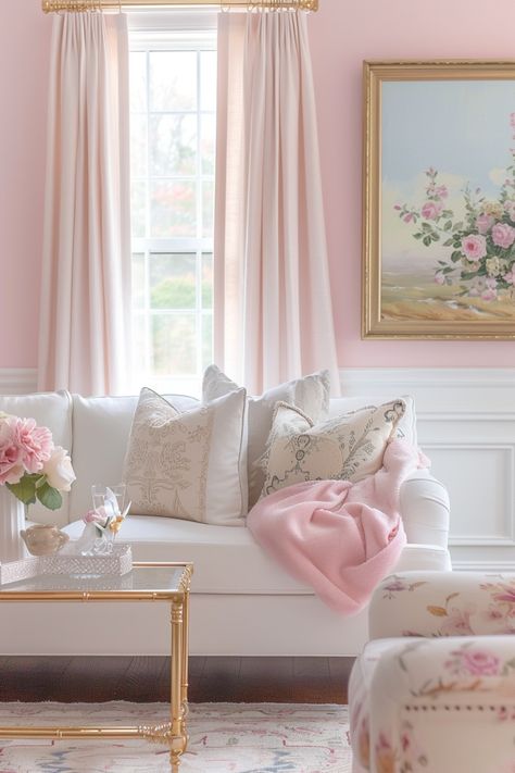 From Minimalist to Romantic: Achieve the Coquette Interior Design Look – A Sparkly Life for Me Fancy Home Aesthetic, Feminine Sitting Room, Pink Family Room, Coquette Interior Design, Soft Pink Living Room, Coquette Interior, Coquette Living Room, Dior Office, Pink Living Room Ideas