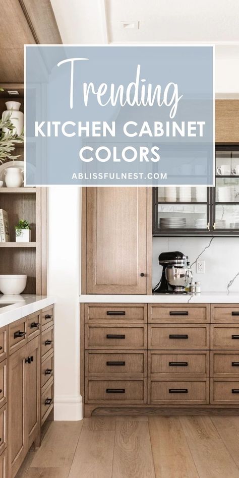 Looking to give your kitchen a fresh update? Check out these trending kitchen cabinet colors to inspire your next renovation! From warm wood tones to cool, calming blues, there's a perfect hue to complement any style. Get ready to transform your cooking space into a stylish and inviting haven!#kitchencabinets #kitchenremodel #kitchendesign Color Combo Kitchen Cabinets, Cabinet Colors For Light Floors, Mixed Wood And Paint Kitchen Cabinets, Almond Colored Cabinets, Kitchen Cabinets Colors Wood, Pecan Colored Cabinets Kitchen Designs, Change Kitchen Cabinet Color, Light Color Cabinets, Medium Tone Kitchen Cabinets