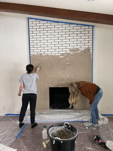 Brick Fireplace Remodel Modern, Redoing Brick Fireplace, Brick Fireplace To Stone, Easy Brick Fireplace Makeover, Diy Chimney Remodel, How To Concrete Fireplace, Brick To Concrete Fireplace, Diy Fireplace Renovation, Cement Over Tile Fireplace