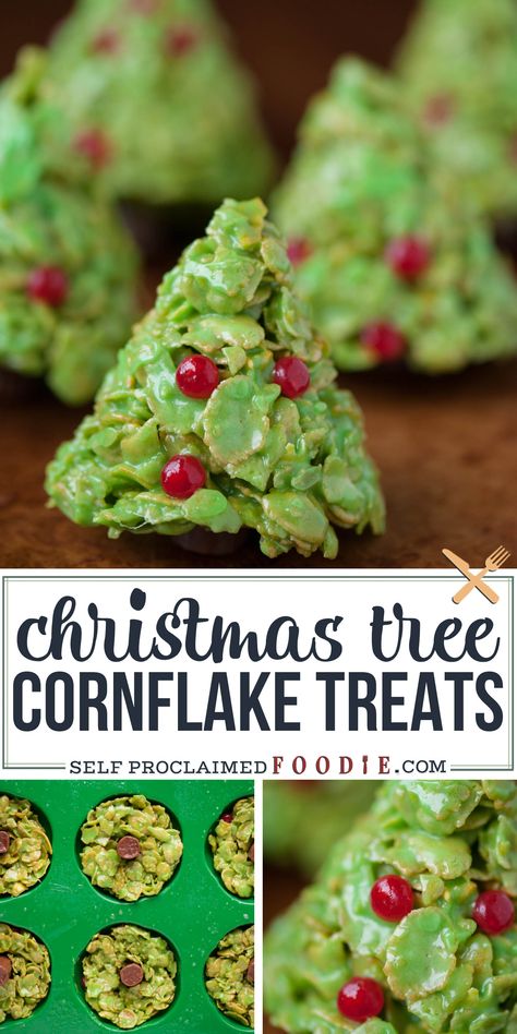 If you like Rice Krispie Treats, you'll love these holiday inspired Christmas Tree Corn Flake Treats, complete with decorations and a tootsie roll stump. #cornflake #christmas #marshmallow #tree #ricekrispietreat #dessert #recipe #easy #fun Corn Flake Treats, Rice Crispie Treats, Rice Crispie, Corn Flake, Like Rice, Marshmallow Treats, Custom Desserts, Tootsie Roll, Christmas Idea