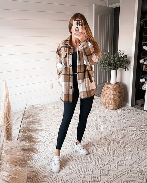 Get this Aesthetic Cozy Fall plaid Minimal sweater/jacket. Visit the website to purchase today. Insulated. WINTER 2023 Women Fall Fashion, Outfit With Flannel Jacket, Flannel Shirt Leggings Outfit Women, Casual Meeting Outfit Fall, Flanal Outfits Winter, Outfits With Flannel Shirts For Women, Shacket Outfit Women Casual, Fall Flannel Outfits Casual Leggings, Flannel Outfits Women Fall