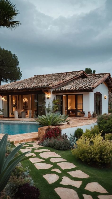 One Floor Mediterranean House, Modern Spanish House Interior, Countryside House Modern, Spanish Villa Design, Spain House Spanish Style, Spanish Villa Home Exterior, Spanish Villa Floor Plans, Modern Spanish Style Homes Exterior, Spanish Style Ranch Homes