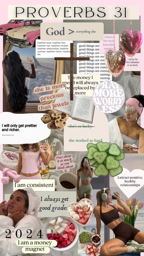 my 2024 vision board 🩷 #cleangirl #cleangirlaesthetic #itgirl #thatgirl #2024visionboard #pilatesprincess #yoga #girlsgirl #2024 #proverbs31woman #moodboards #visionboard #prayer Vision Board Notebook, Christian Vision Board, Prayer Vision Board, Manifesting Vision Board, Christian Jokes, 2024 Vision Board, Vision Board Pictures, Life Vision Board, Proverbs 31 Woman