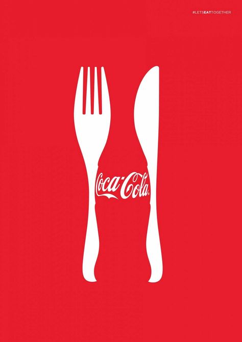 This coke ad shows a perfect example of gestalt defining qualities. The fork and knife are used to create an outline of what looks like a coke bottle. The red background in contrast to the white as well creates the coke logo, fork, and knife as well Poster Grafico, Negative Space Art, Negative Space Design, Café Design, Clever Advertising, Coca Cola Ad, 광고 디자인, Publicidad Creativa, Best Ads