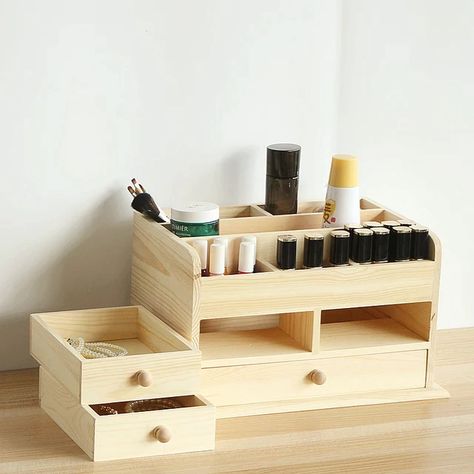 Makeup Organization Wood, Wood Makeup Organizer, Makeup Rack, Makeup Organizer With Mirror, Trees Craft, Wooden Makeup Organizer, Desktop Storage Drawers, Dressing Table Organisation, Makeup Organiser