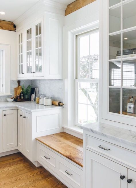 Love the window seat under low window to keep cabinets going | Farmhouse Kitchen by The Working Kitchen, Ltd. Seating In Kitchen, Window Seat Kitchen, Farmhouse Kitchen Cabinets, Classic Kitchen, White Kitchen Design, Kitchen Redo, Trendy Kitchen, Kitchen Window, Window Seat