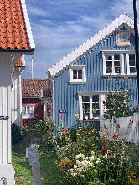 dream garden flowers blue house vibe sweden scandinavia background Swedish Wooden House, Finnish House Exterior, Traditional Swedish House, Scandinavian House Aesthetic, Sweden House Interior, Copenhagen Houses Interiors, Swedish Lake House, Old Scandinavian House, Scandinavia Aesthetics