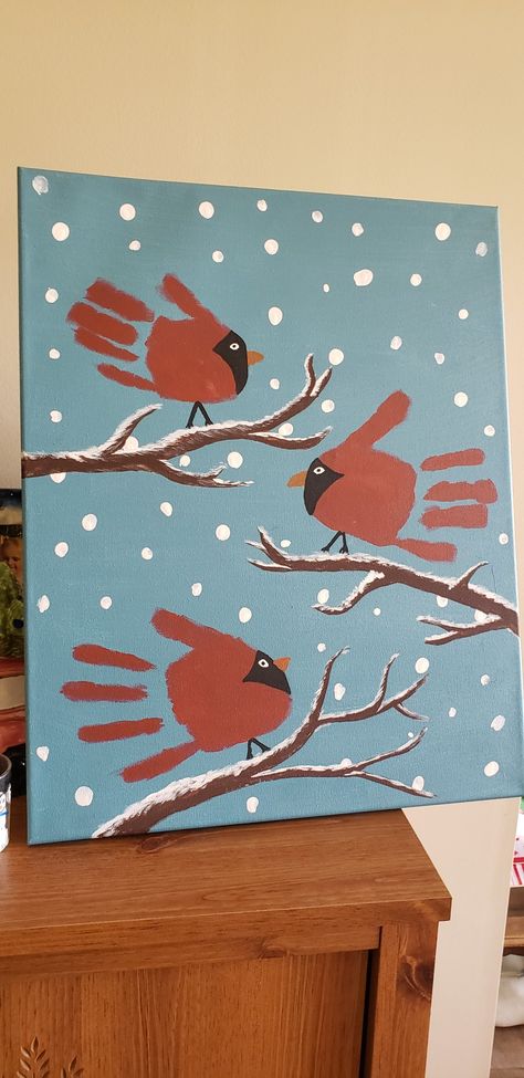 Kids Cardinal Handprint, Red Bird Handprint, Hand Print Cardinals, Red Bird Handprint Craft, Handprint Cardinal For Kids, Cardinal Handprint Art, Winter Cardinal Art Project For Kids, Cardinal Gifts Diy, Kids Painting Ideas On Canvas Christmas