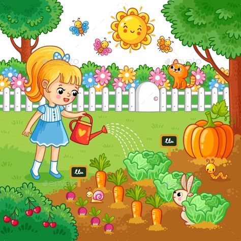 Girl Is Watering Garden Bed with Vegetables. Nature Drawing For Kids, Garden Cartoon, Watering Garden, Picture Comprehension, Cartoon Garden, Picture Composition, School Wall Art, Garden Drawing, Picture Story