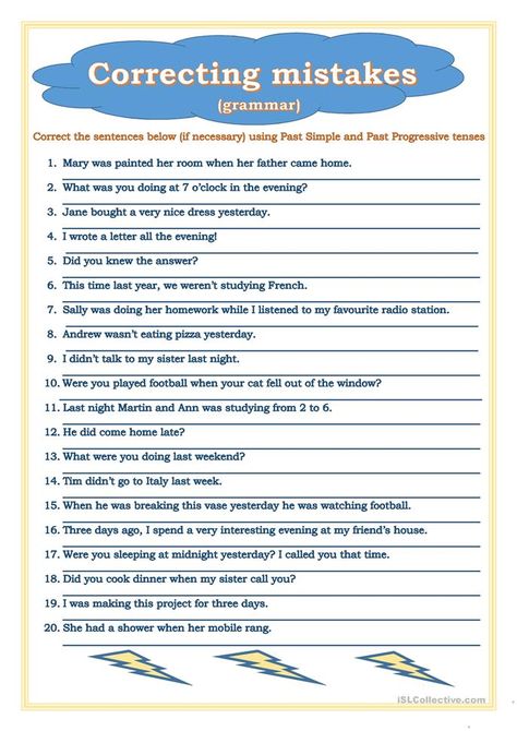 Correcting mistakes (Past Simple-Past Progressive) - English ESL Worksheets for distance learning and physical classrooms Past Progressive Worksheets, Sentence Correction Worksheets, Past Progressive, Learn Reading, English Communication, Tenses Grammar, French Things, Kids Worksheet, Grammar Errors