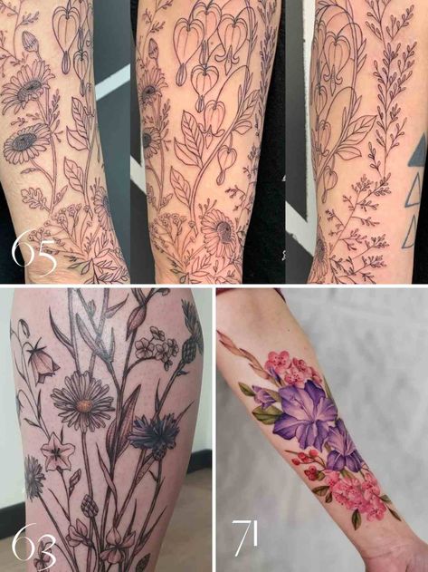 73+ Fresh WildFlower Tattoo Ideas In Free Form Bouquets - TattooGlee Flower Tattoos Wildflowers, Wildflower Tattoo Sleeve Forearm, Wild Flower Sleeve Tattoo, Wild Flower Bouquet Tattoo, Wildflower Leg Tattoo, Wildflower Half Sleeve Tattoo, Wildflower Tattoo Sleeve, Wildflower Sleeve Tattoo, Wildflower Bouquet Tattoo