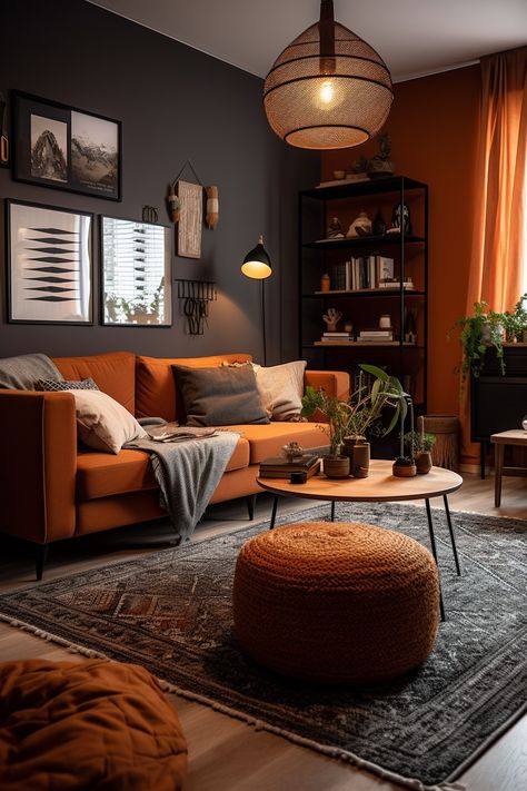 Moody Room, Nest Ideas, Japan Living, Dark Boho, Furnitur Ruang Keluarga, Dark Living Rooms, Living Room Orange, Retro Living Rooms, Bachelor Pad