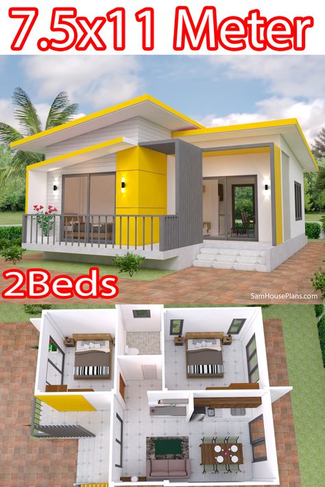 House Plans 7.5x11 with 2 bedrooms Full Plans Reka Bentuk Rumah Kecil, 2 Room House Plan, Two Bedroom House Design, Small House Blueprints, Small Modern House Plans, Little House Plans, Small House Layout, Affordable House Plans, Two Bedroom House