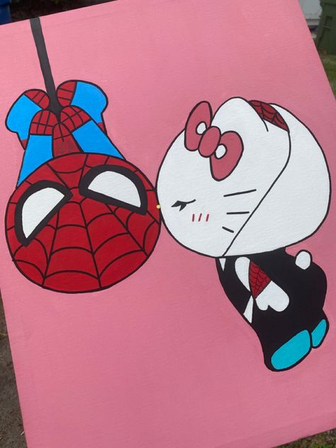 Spider Man And Hello Kitty Painting, Hello Kitty Spiderman Painting, Stuff To Paint For Boyfriend, Hello Kitty Couple Painting, Spiderman And Hello Kitty Painting, Cute Couple Painting Ideas Easy Cartoon, Cute Paintings For Your Boyfriend, Painting Ideas On Canvas Valentines Day, Small Canvas Paintings For Boyfriend