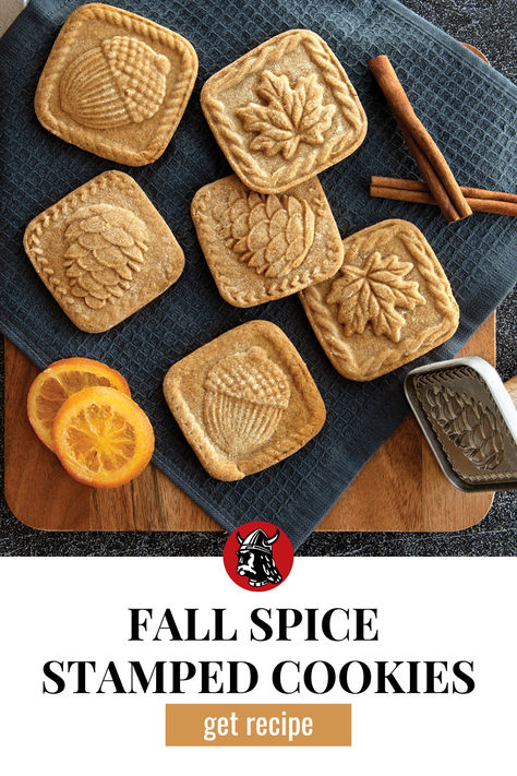 Fall Spice Stamped Cookies, get recipe! Six square stamped cookies with fall designs stamped into them on a blue napkin next to the pinecone design of the Nordic Ware Fall Forest Springerle Cookie Stamp. Surrounding the cookies there are orange slices and cinnamon sticks. Stamp Cookie Dough, Christmas Cookie Stamp Recipe, Nordic Cookie Stamps, Shortbread Cookies Stamped, Best Cookie Recipe For Stamping, Best Cookie Dough For Stamping, Best Cookies For Stamping, Cookies For Stamping, Cookie Recipes For Stamp Cookies