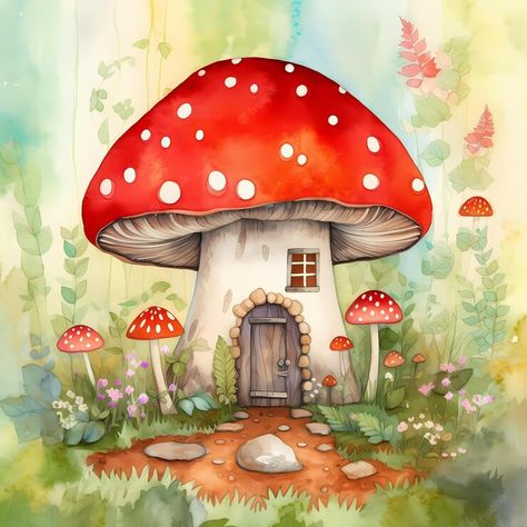 Fairy House Drawing, Akvarel Illustration, Mushroom Paint, Desain Buklet, Mushroom Drawing, Mushroom Fairy, Mushroom House, House Illustration, Mushroom Art