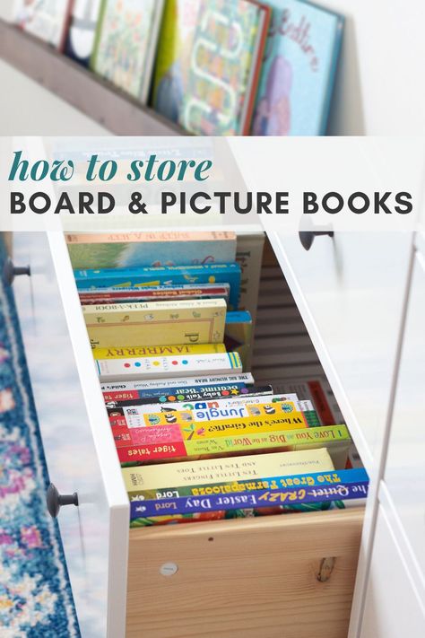 Nursery Book Organization Ideas, Book Storage Small Space Kids, Kids Book Storage Closet, Book Organization Nursery, Books In Drawers, Nursery Book Organization, Baby Book Organization, Book Storage In Closet, How To Store Lots Of Books