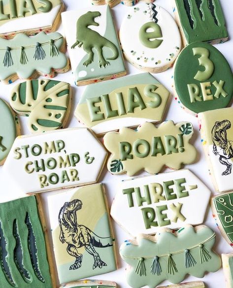 Dinosaur Cookies 3rd Birthday, Three Rex Birthday Party Boy Cake, 2nd Birthday Dinosaur Theme, Dino Cookies, Third Birthday Boys, 3rd Birthday Party For Boy, 3rd Birthday Boys, Dinosaur Birthday Party Decorations, Dinosaur Themed Birthday Party