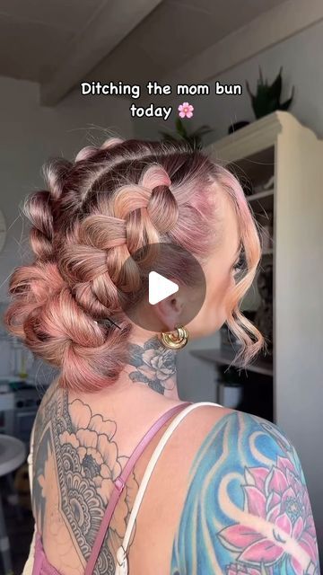 Half Up Half Down Wedding Hair Edgy, Space Buns Halloween Costume, Crazy Bun Hairstyles, Pop Concert Hairstyles, Braids With Messy Buns, Bun Hair Extensions, Dutch Braids To Bun, Low Braided Space Buns, Hairstyles To Wear With Mickey Ears