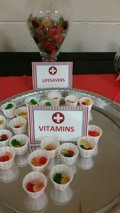 First Aid Themed Snacks, Geriatric Themed Party, Nursing Home Theme Party, Medical Themed Drinks, Medical Halloween Party, Halloween Medical Theme, Asylum Themed Halloween Party, Medicare Birthday Party Ideas, Nurse Grad Party Food