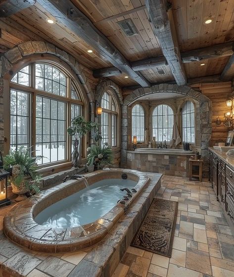 Luxury Log Cabin Bathroom, Aesthetic Pools, Log Cabin Bathroom, Beautiful Mansion, Lake Bathroom, Mansion Rooms, Pretty Scenery, Luxury Log Cabins, Dream Horse Barns