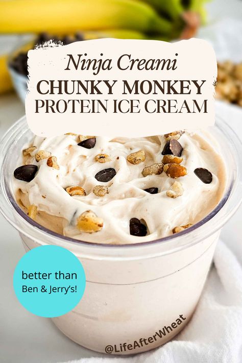 Chunky Monkey Ice Cream, Ninja Ice Cream Recipe, Protein Ice Cream Recipe, Protein Ice Cream Recipes, Dairy Free Protein, Healthy Ice Cream Recipes, Ice Cream Maker Recipes, Ninja Recipes, Dairy Free Chocolate Chips