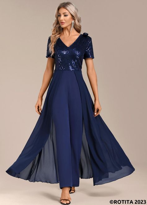 ROTITA Sequin Navy Long V Neck Short Sleeve Jumpsuit | Rotita.com - USD $45.98 V Neck Jumpsuit, Short Sleeve Jumpsuit, Evening Jumpsuit, Flowy Design, Jumpsuit Elegant, Cocktail Gowns, Short Sleeve Jumpsuits, Blue Jumpsuits, Jumpsuit With Sleeves