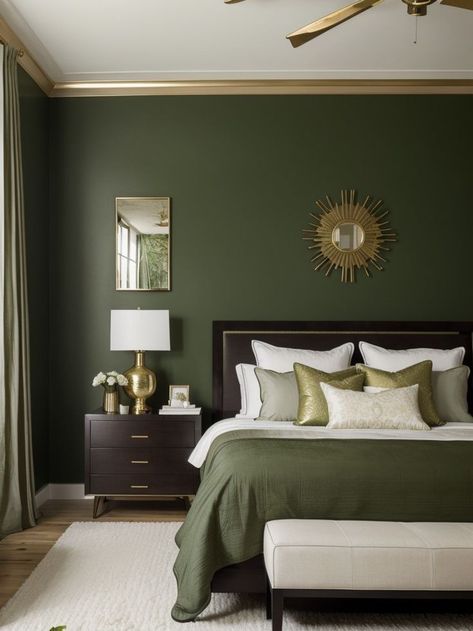 Forest Green Bedrooms, Dark Green Rooms, Green Bedroom Walls, Green Bedroom Decor, Green Accent Walls, Dark Green Walls, Gold Bedroom, Green Walls, Green Rooms