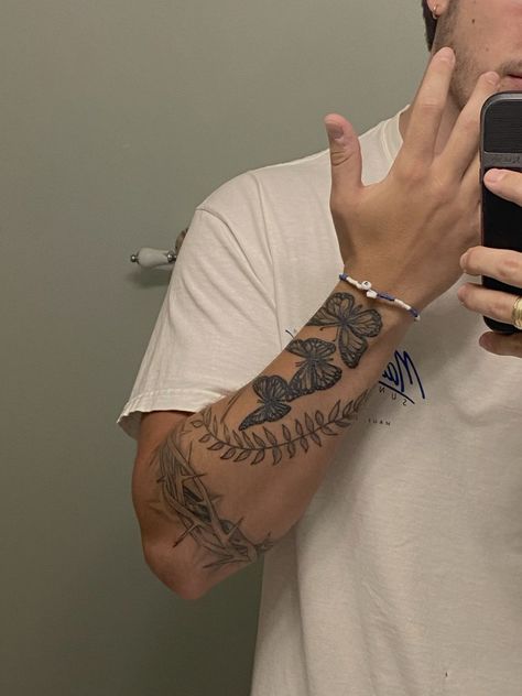 Palm Sized Tattoos Men, Male Sibling Tattoos, Thorn Crown Tattoo Around Arm, Thorn Forearm Tattoo, Thorns Around Arm Tattoo, I Am The Vine Tattoo, Arm Tattoos Men's Forearm, Vines Tattoo Men, Self Drawn Tattoos