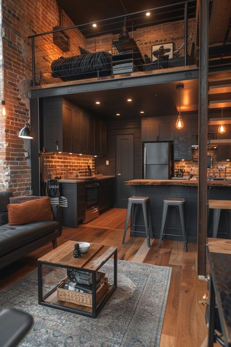 Edge Industrial Style Small Apartment, Industrial Style Game Room, Industrial Wood Interior Design, Loft Modern Design, Small Industrial Apartment, Loft Interior Design Ideas, Industrial Mezzanine, Industrial Style Apartment, Modern Loft Kitchen