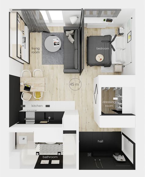 Modern Studio Apartment Ideas, Studio Apartment Floor Plans, A Studio Apartment, Studio Apartment Living, Studio Apartment Design, Trendy Apartment, Deco Studio, Small Studio Apartment, Small Apartment Design