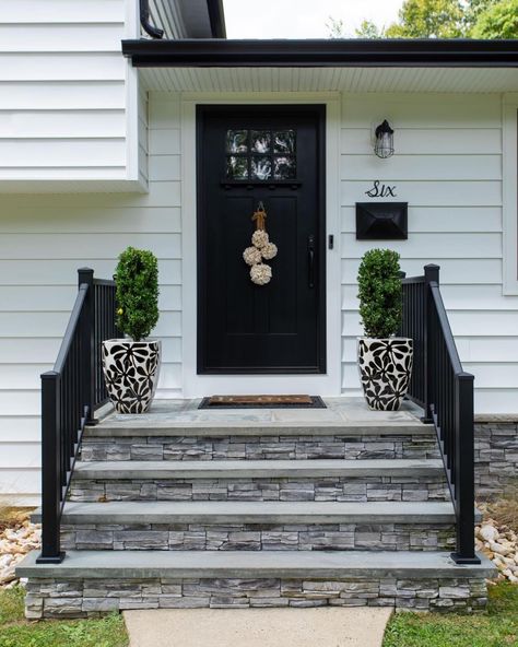 Stone Front Steps With Railing, Front Stairs Exterior Curb Appeal, Front Porch Stairs With Railing, Front Door Walk Way Ideas, Front Porch With Stairs Ideas, Front Stoop With Railings, House With Steps To Front Door, Front Door Steps With Railings, Front Door Step Railing Ideas