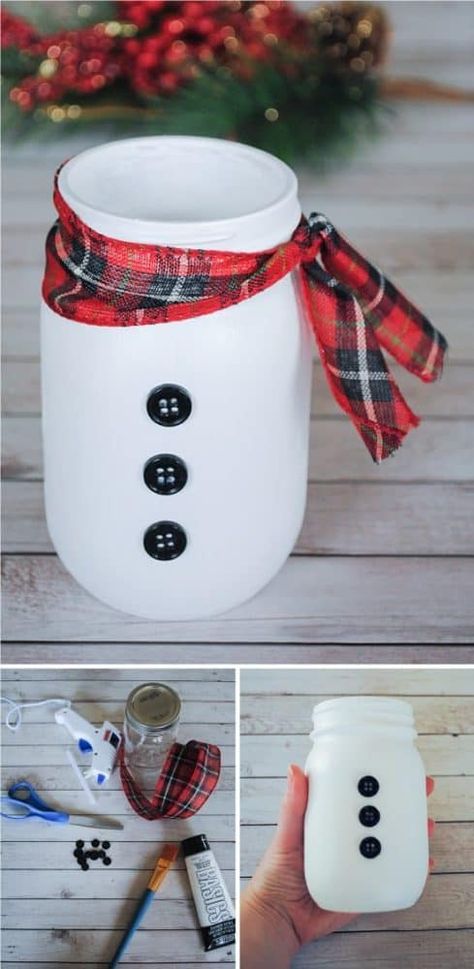 Things To Do With Mason Jars, Diy Snowman Crafts, Easy Mason Jar Crafts Diy, Jar Snowman, Snowman Mason Jar, Mason Jar Snowman, Easy Mason Jar Crafts, Mason Jar Christmas, Mason Jar Christmas Crafts