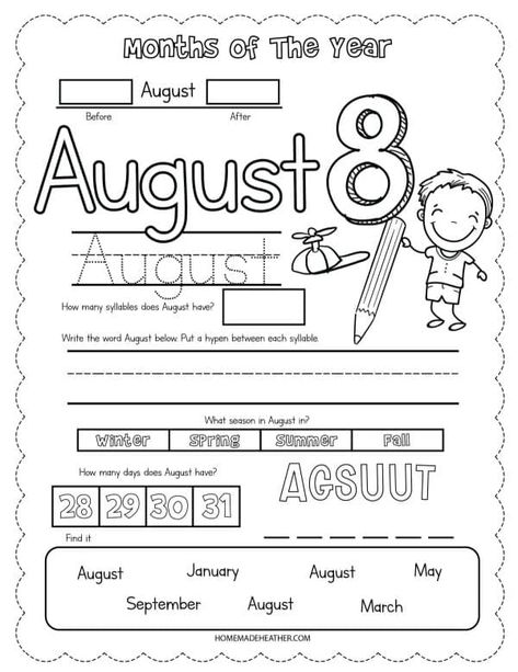 Free August Printable Worksheets Minions, Printable Months Of The Year, February Worksheets, Calendar Worksheets, Monthly Activities, Homeschool Worksheets, Fun Worksheets, Free Worksheets, Printables Free