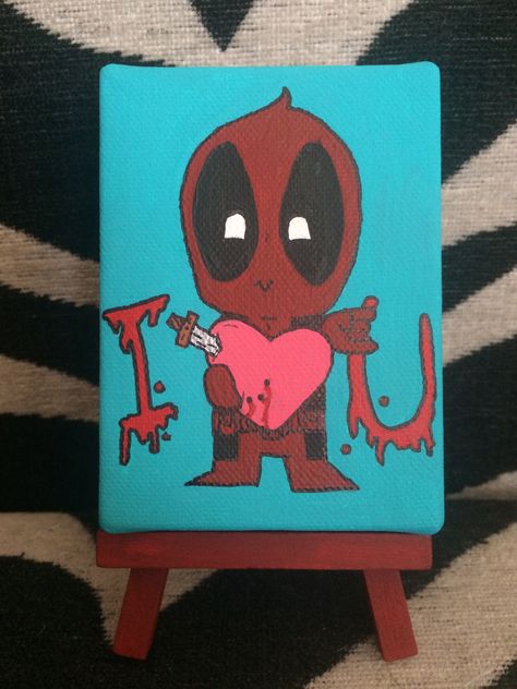 Chibi deadpool i love you mini canvas painting Deadpool Painting, Chibi Deadpool, Deadpool Fan Art, Deadpool Artwork, Marvel Canvas, Marvel Paintings, Painting Canvases, Cute Canvas Paintings, Cartoon Painting