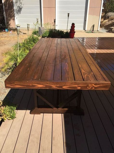 diy large outdoor dining table seats 10 12, diy, outdoor furniture, outdoor living, woodworking projects Large Outdoor Dining Table, Wooden Bench Table, Patio Chico, Dining Table Bench Seat, Diy Patio Table, Table Farmhouse, Comfortable Office, Mesa Exterior, Dining Table With Bench